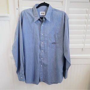 Hugo Boss Chambray Blue Embroidered Logo Pocket Cotton Button Up Shirt
